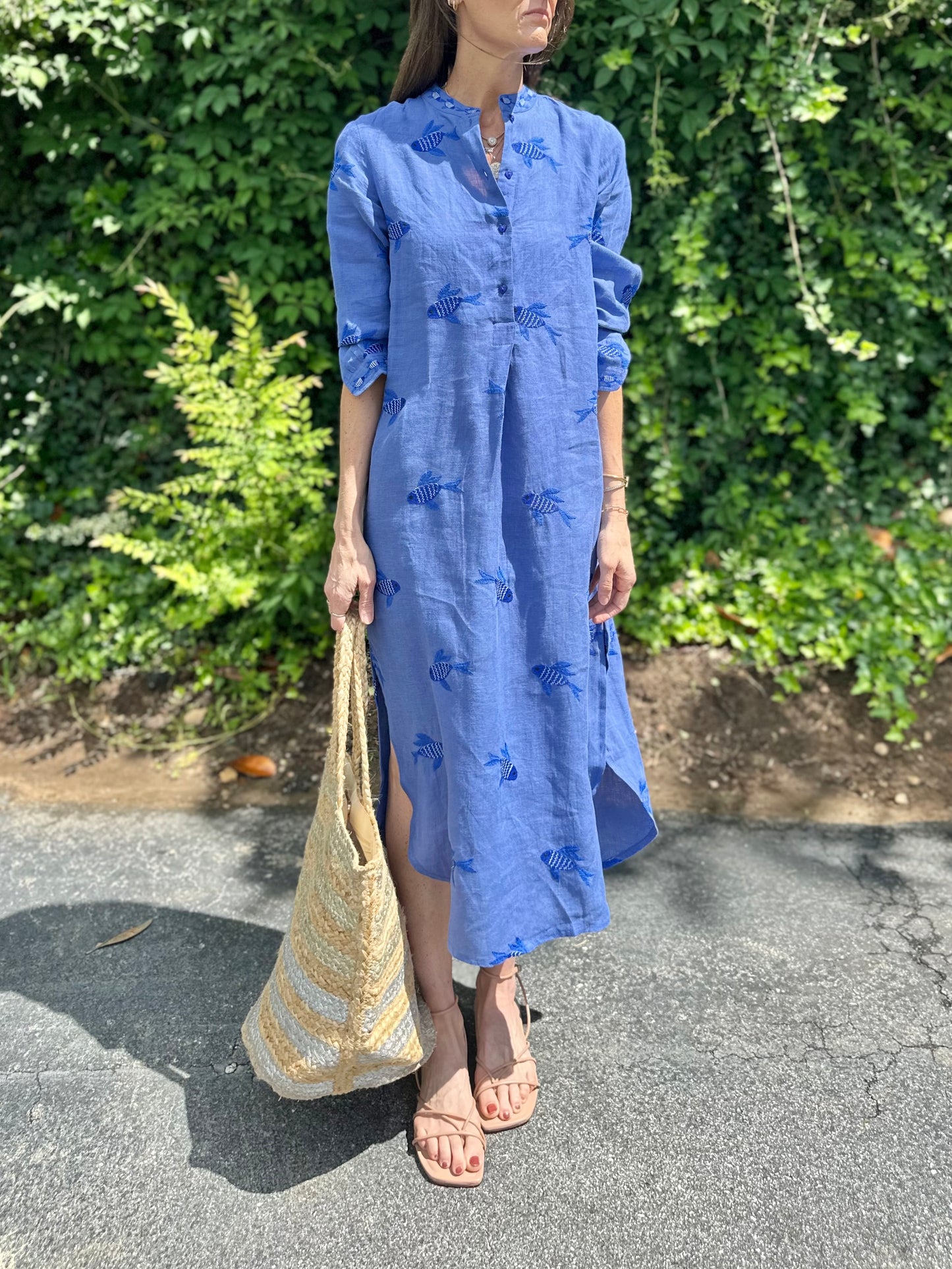 Cedar Kaftan with Fish Embroidery in blue by Nimo