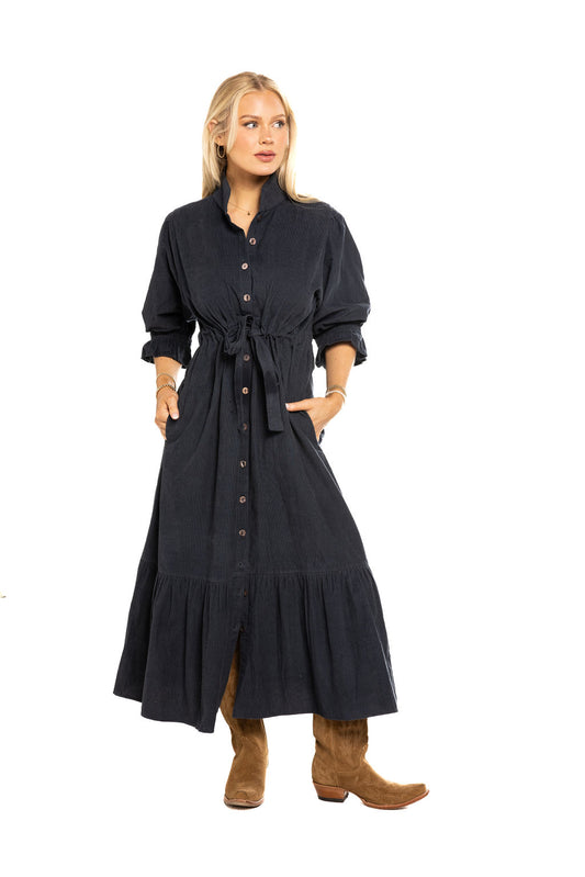 Catherine Shirt Dress in navy cord by Holly Shae