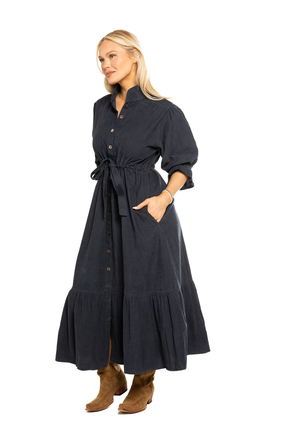 Catherine Shirt Dress in navy cord by Holly Shae