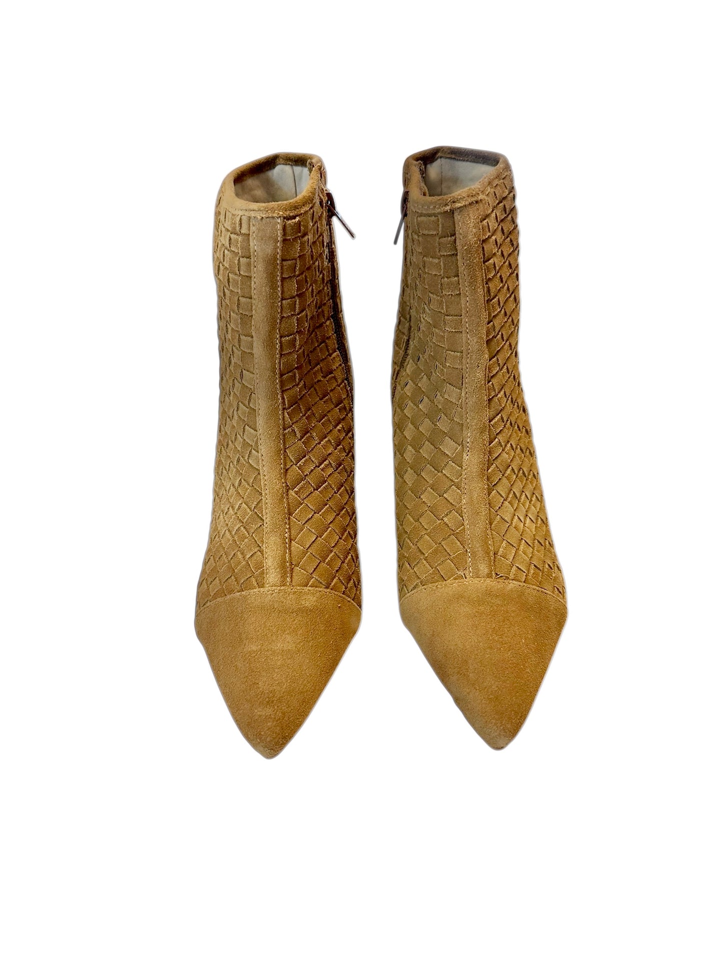 Henrietta Woven Suede Bootie in caramel by Bruno Menegatti