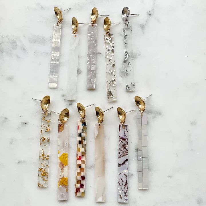 Acrylic Bar on Round Hammered Post Earring in blush marble by Virtue