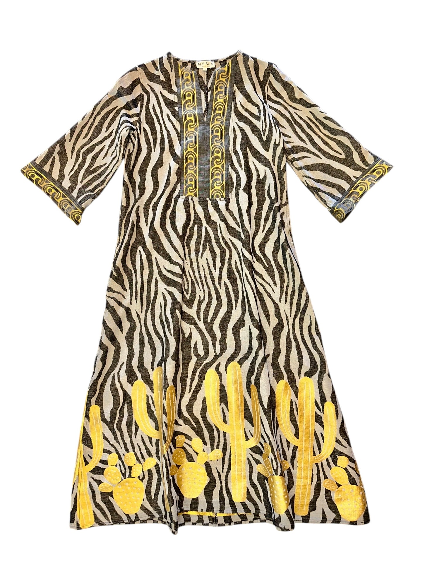 Zebra Print Kaftan with Embroidery in grey/gold by Nema