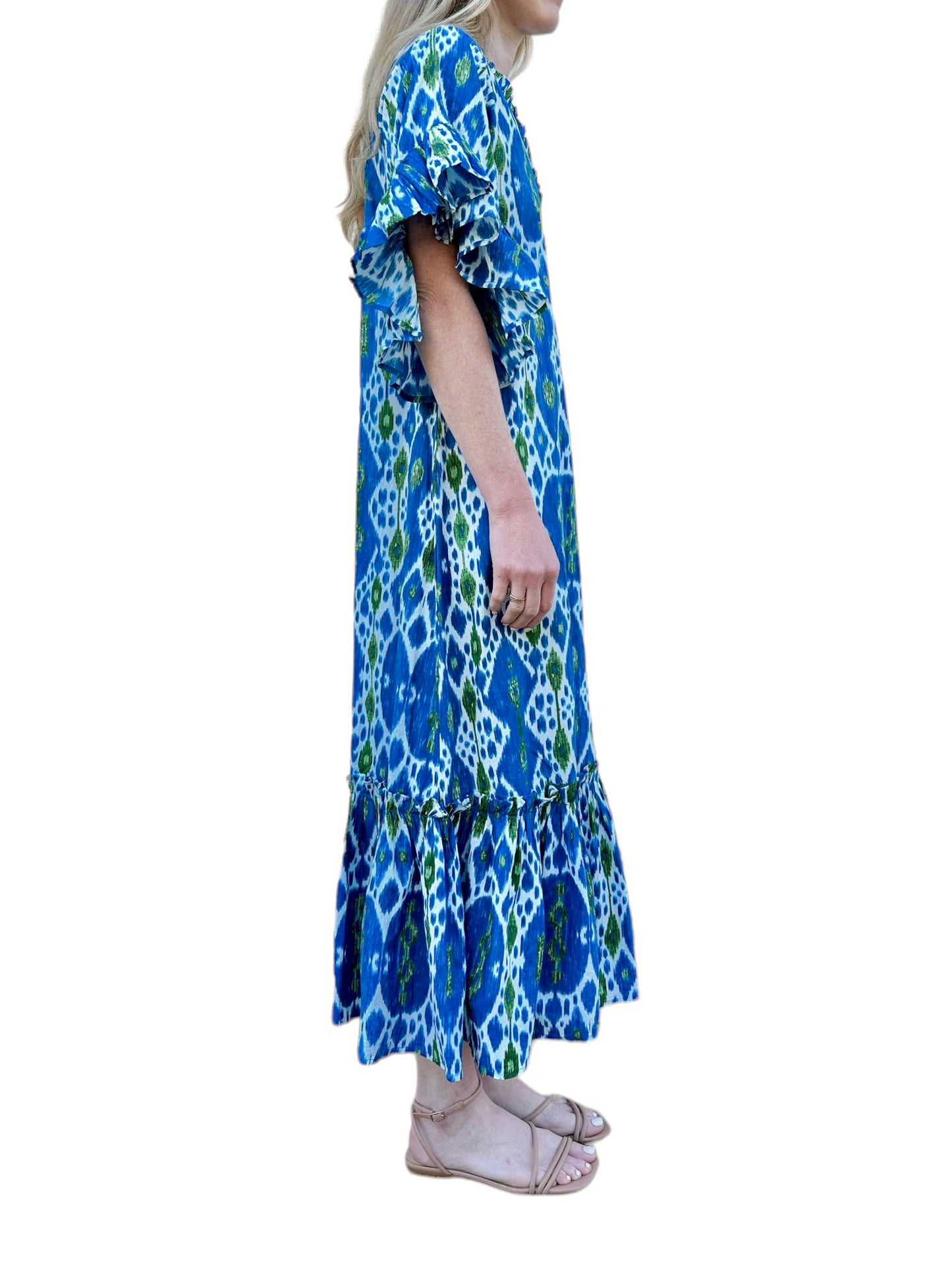 Soleil Flutter Sleeve Maxi Dress in turquoise ikat by Fitzroy & Willa