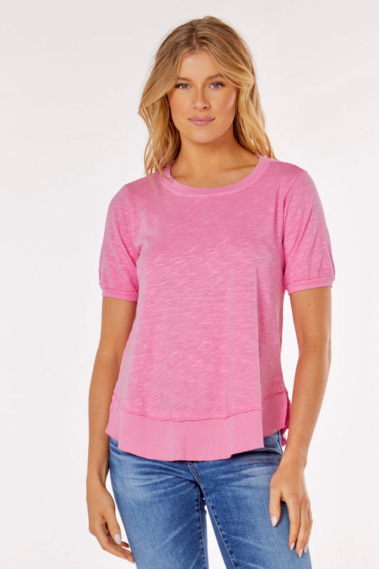 Bubble Sleeve Crew Swing Tee with Rib Band Detail in agave pink by Mododoc