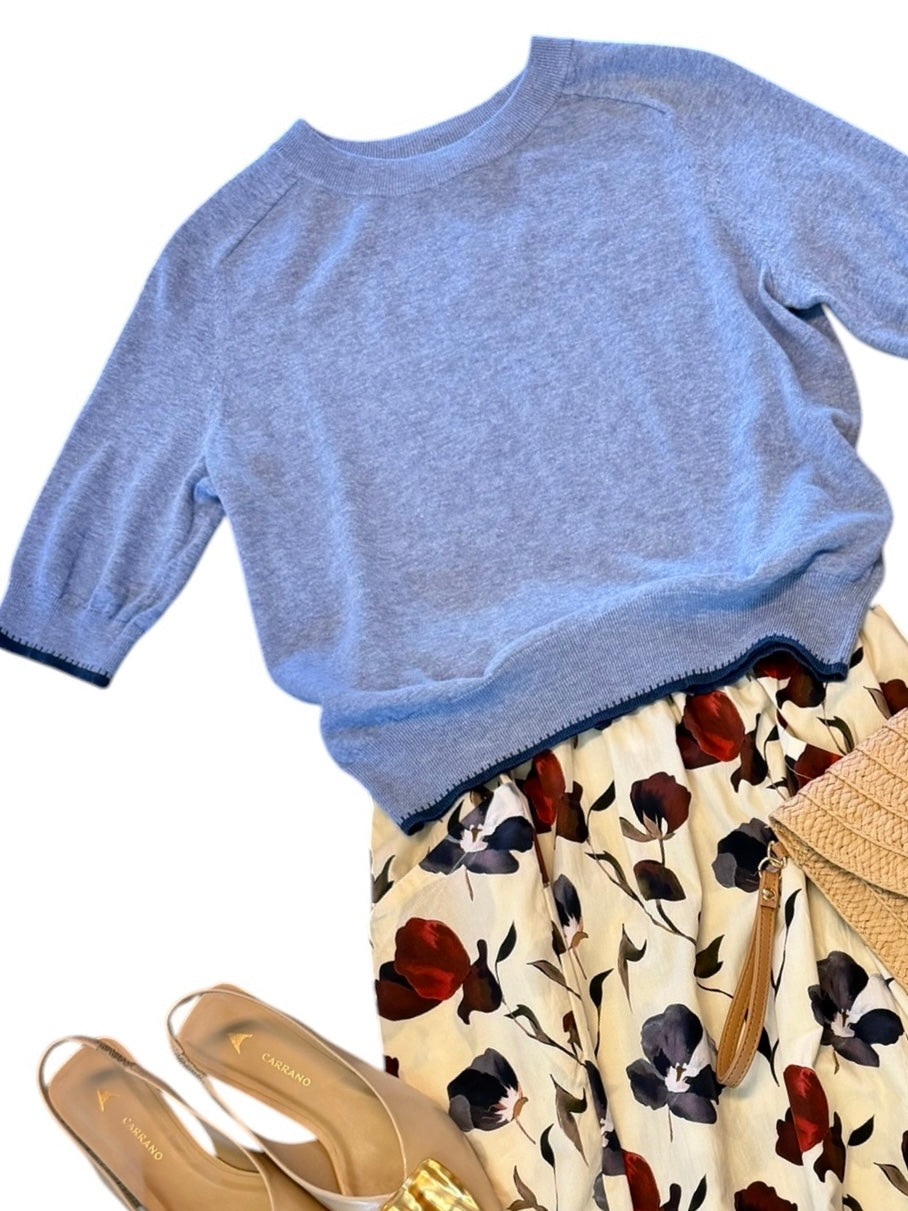 Elastic Waist Paneled Skirt in blue poppy print by Lilla P