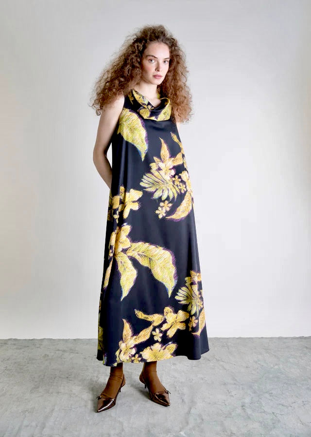 Sleeveless Floral Printed Maxi Dress in gold by Psophia