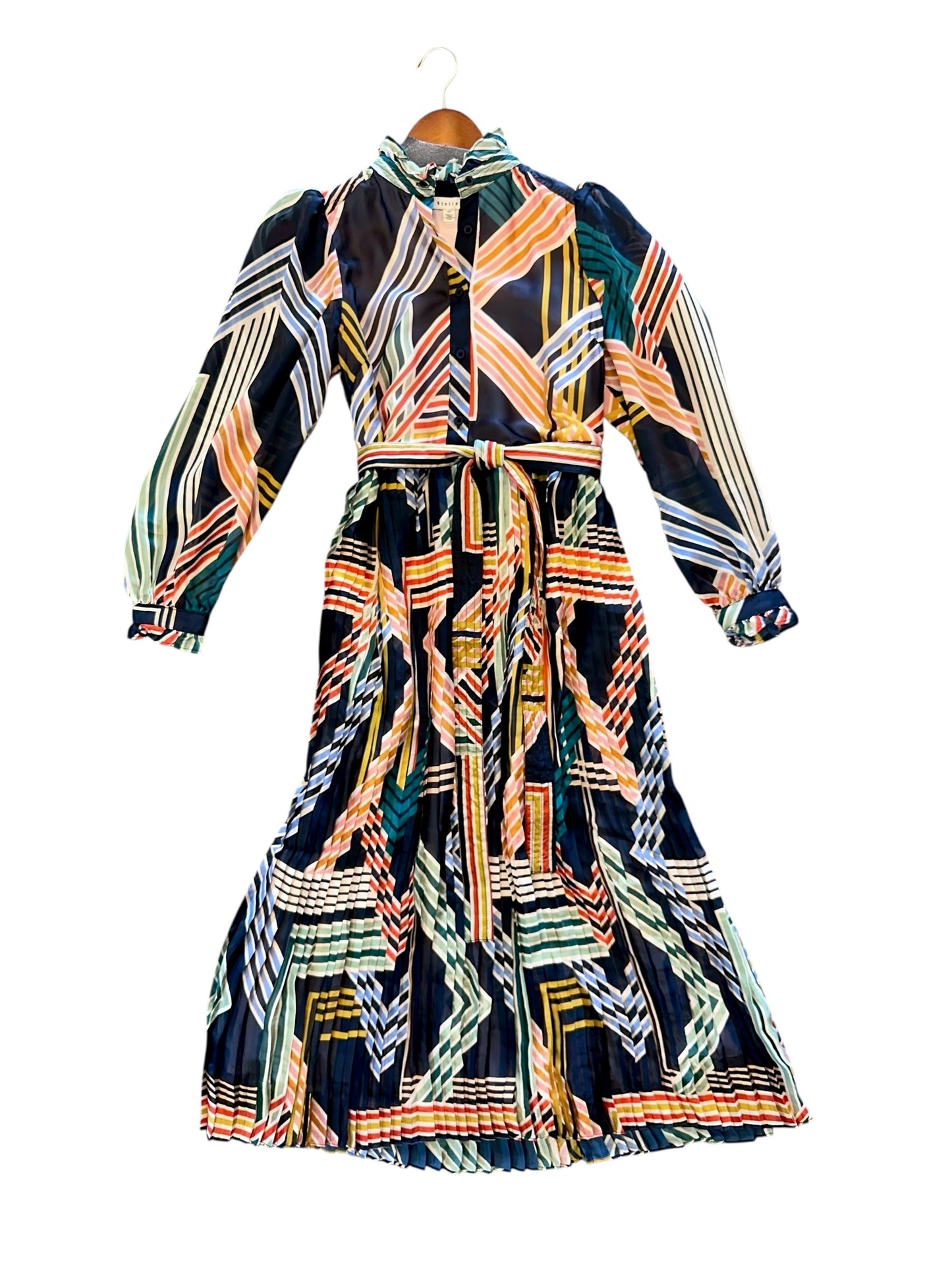 Geo Print Midi Dress with Pleated Skirt in multi by Stellah