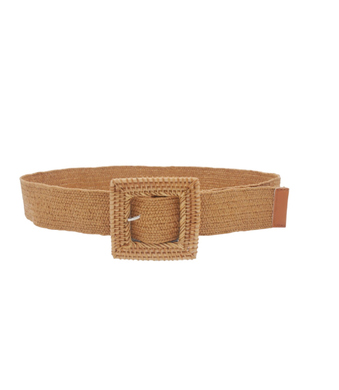 Square Rattan Buckle Straw Belt in cognac
