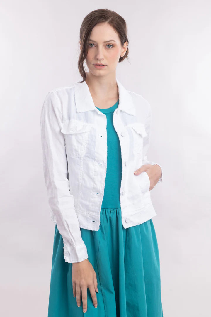 Frayed Linen Jean Jacket in white by Luna Luz
