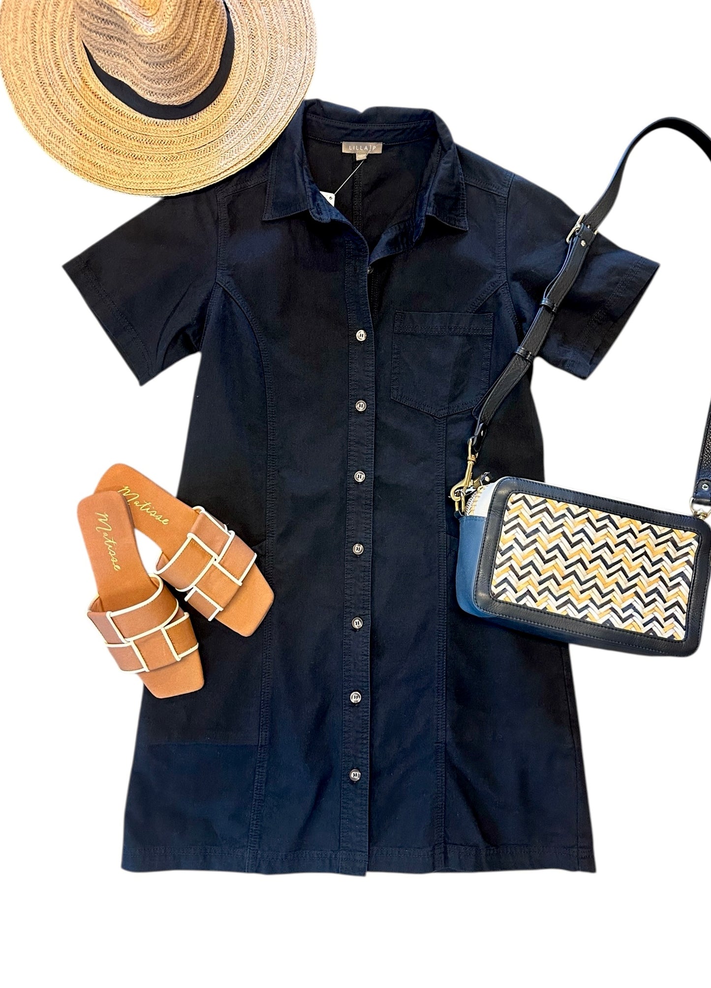 Twill Paneled Shirt Dress in black by Lilla P