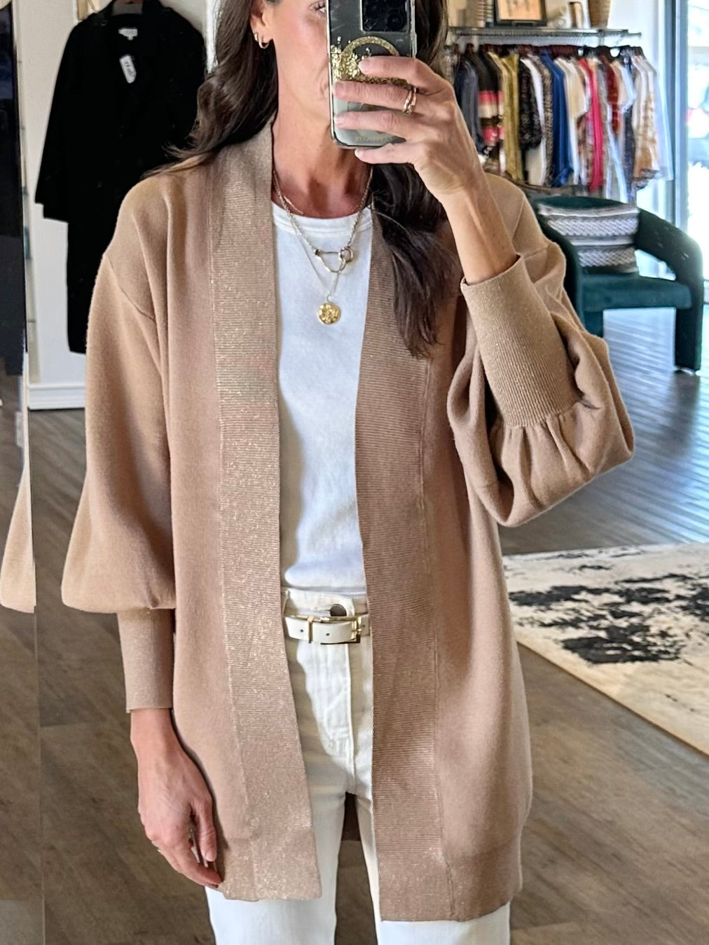 Open Cardigan in golden beige by Molly Bracken