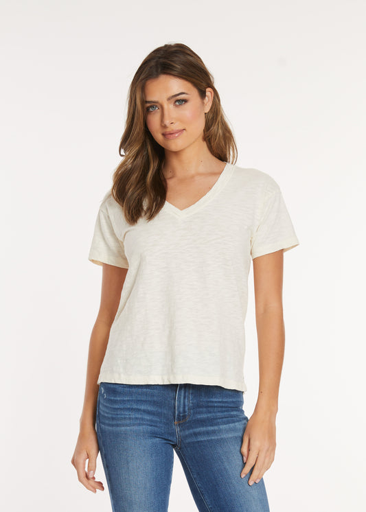 Short Sleeve V-Neck Boxy Tee in milk frost by Mododoc