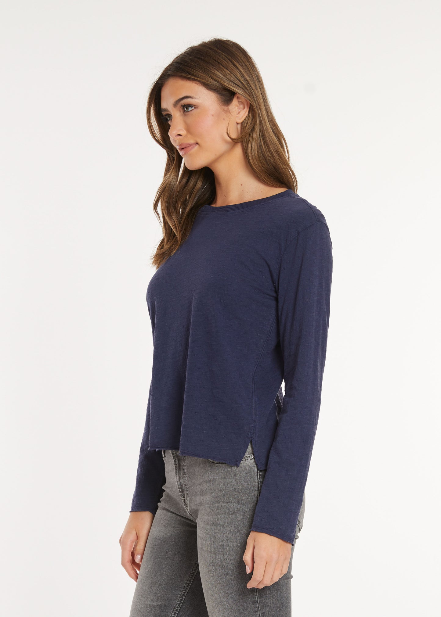 Long Sleeve Crop Boxy Crew Tee in vibrant navy by Mododoc