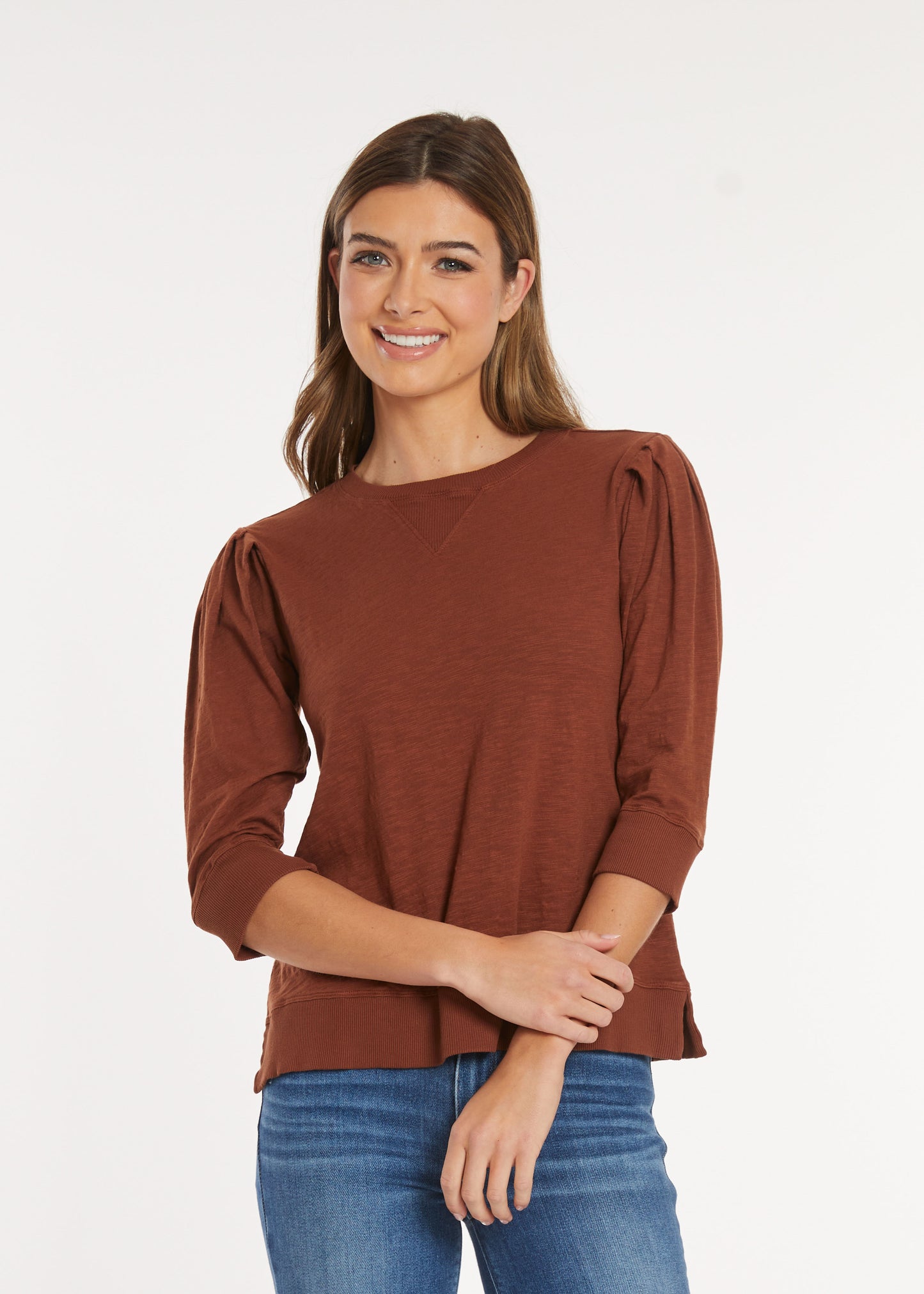 3/4 Pleated Sleeve Pullover Tee in maple syrup by Mododoc