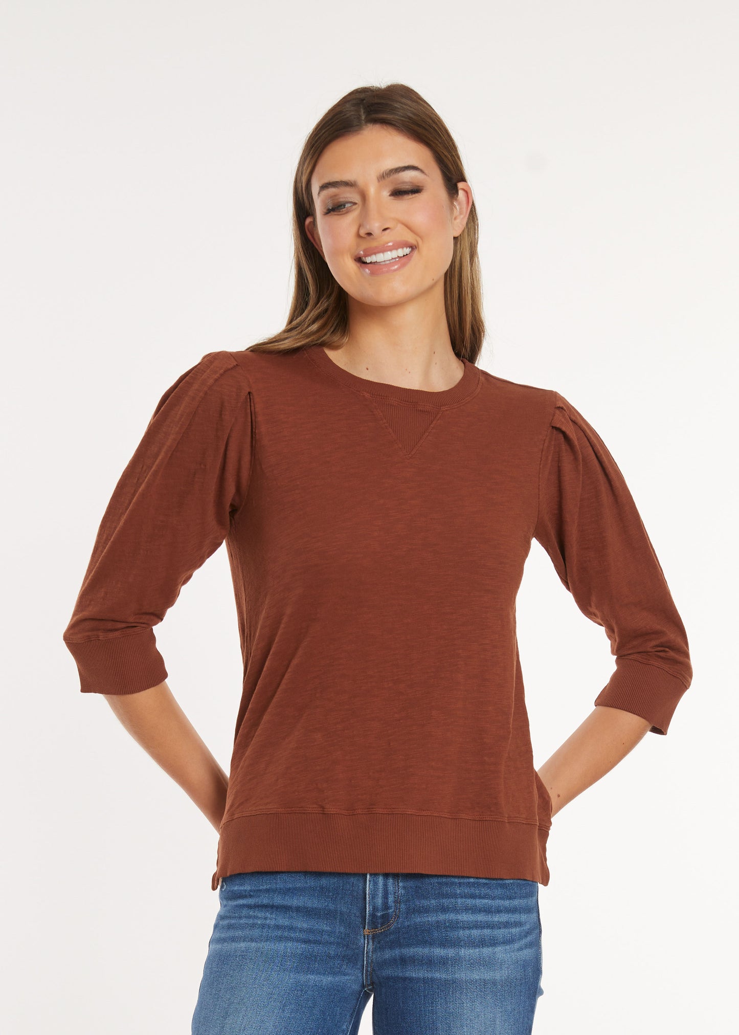 3/4 Pleated Sleeve Pullover Tee in maple syrup by Mododoc