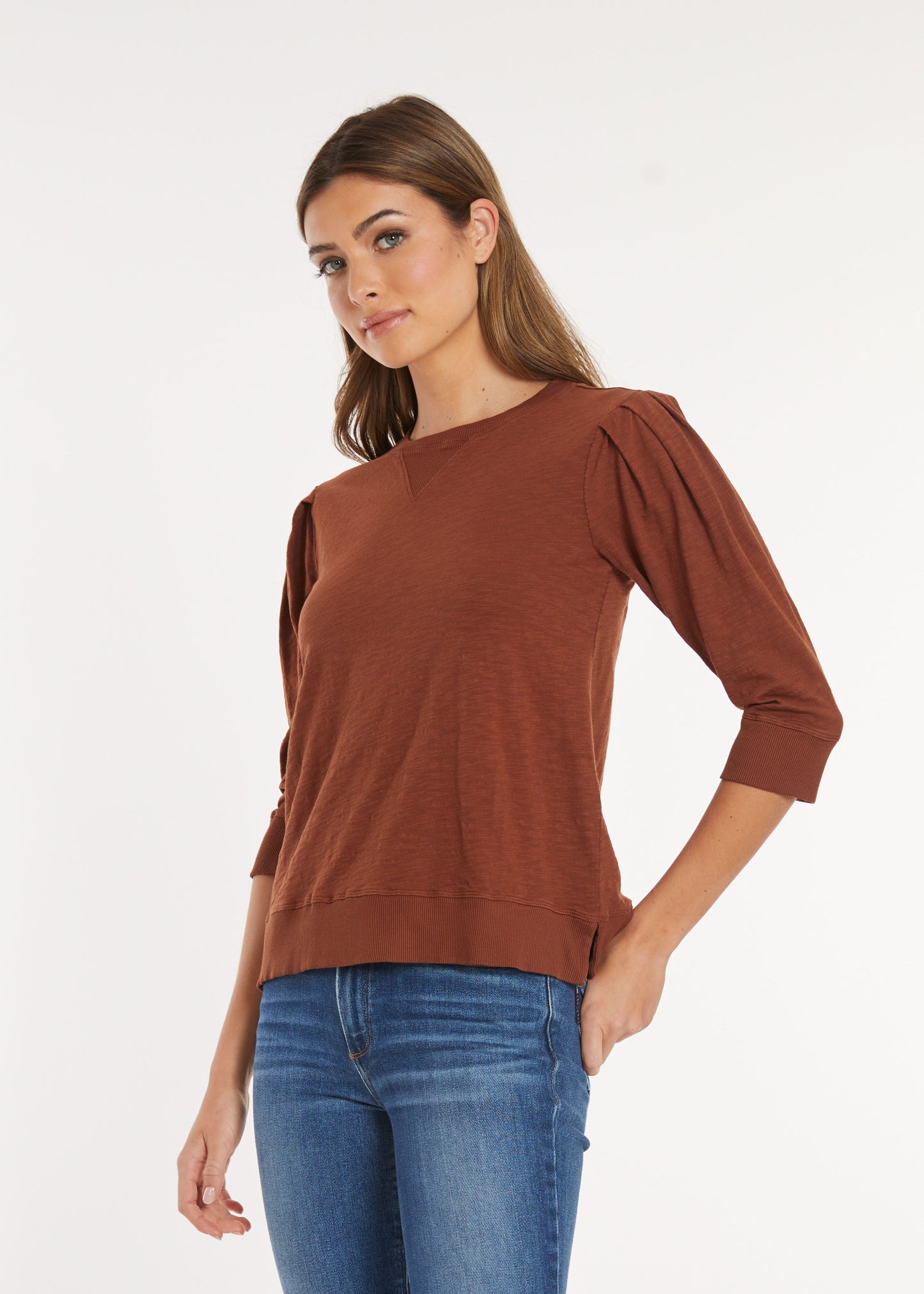 3/4 Pleated Sleeve Pullover Tee in maple syrup by Mododoc