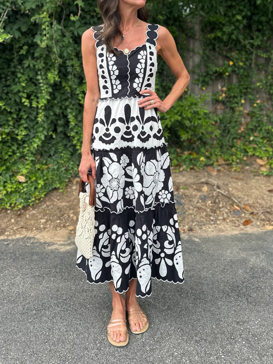 Summer Cutwork Midi Dress in black/white by Farm Rio