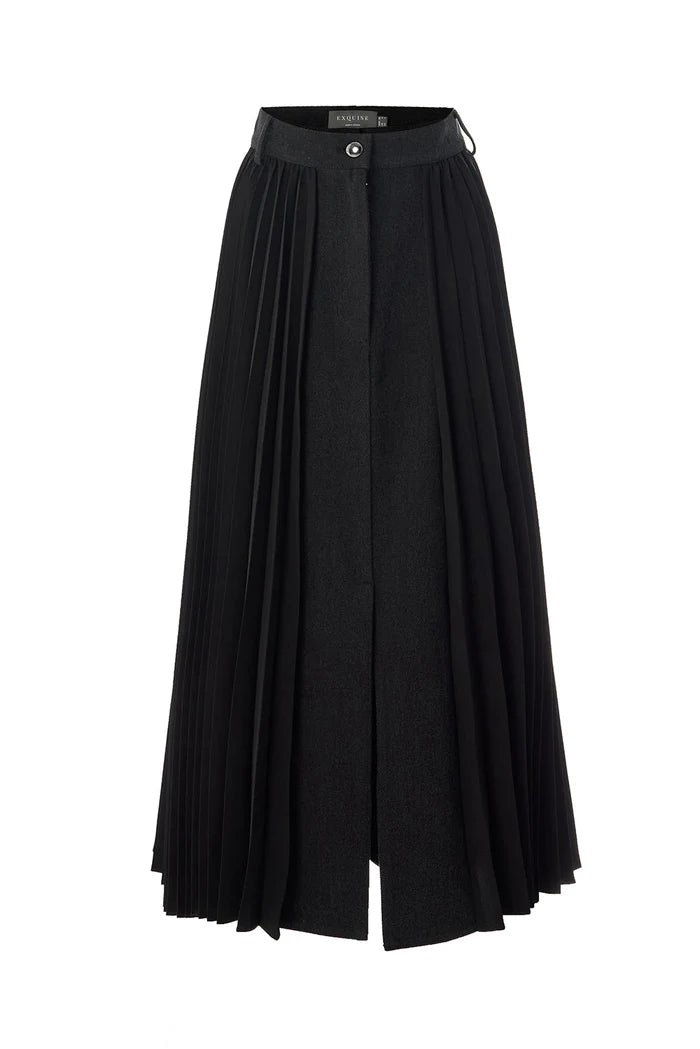 Florence Mixed Material Denim Skirt in black by Exquise