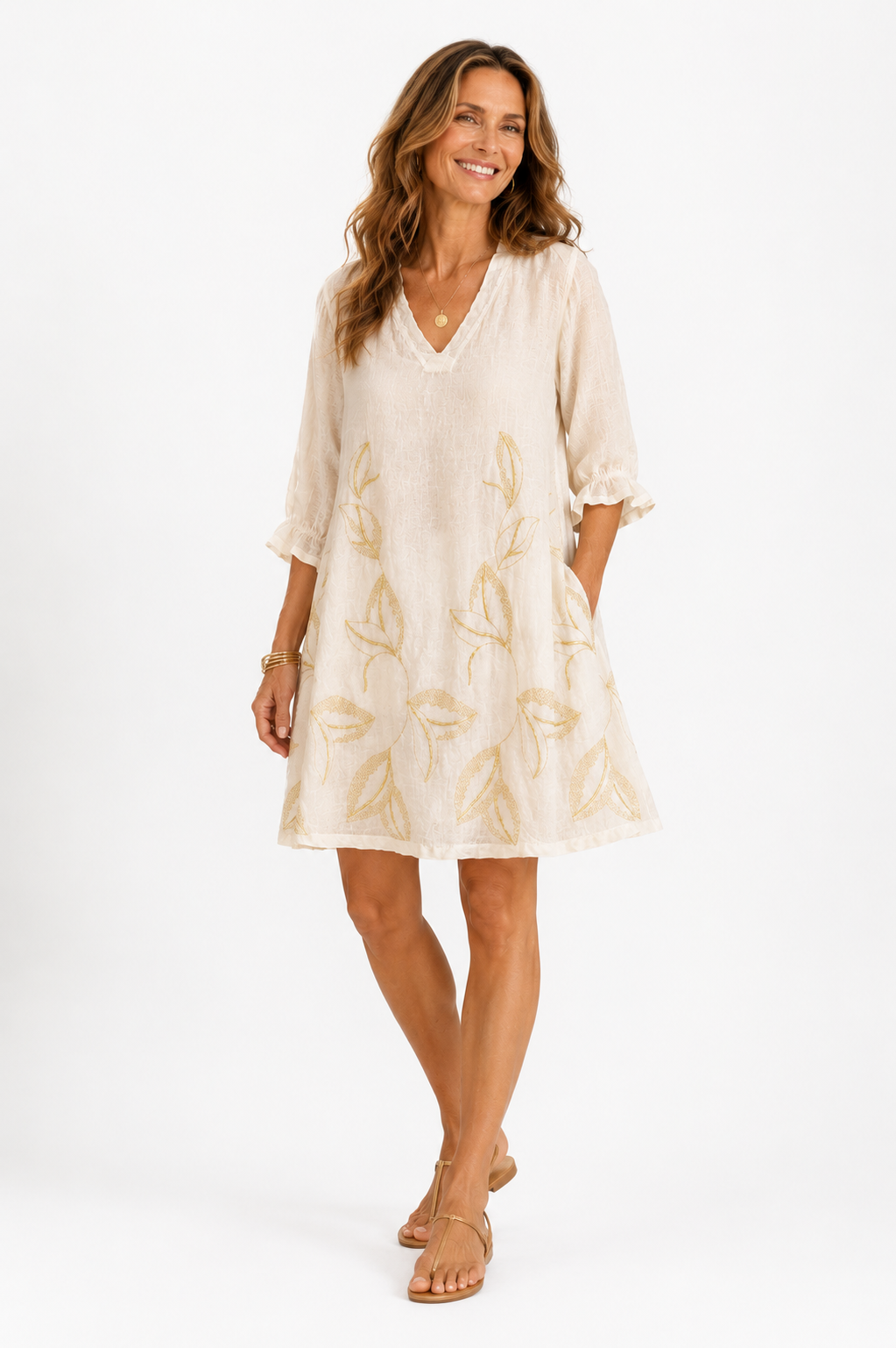 Embroidered Linen Dress in ecru/gold by Haris Cotton