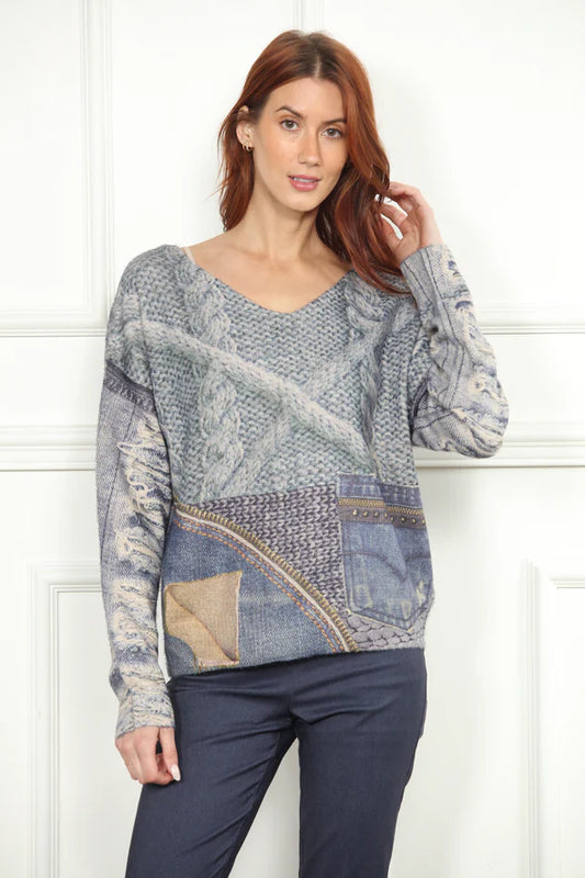 V-Neck Screen Printed Sweater in denim by Zero Degrees Celsius