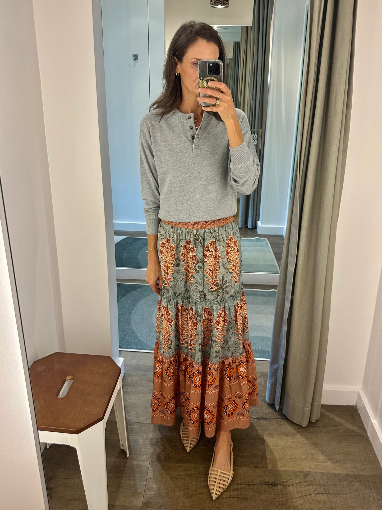 Elastic Waist Henley Sweater in heather grey by Lilla P