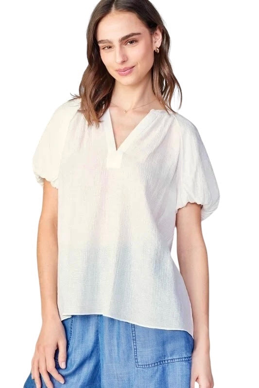 Gathered Detail Split-Neck Short-Sleeve Blouse in white by Current Air