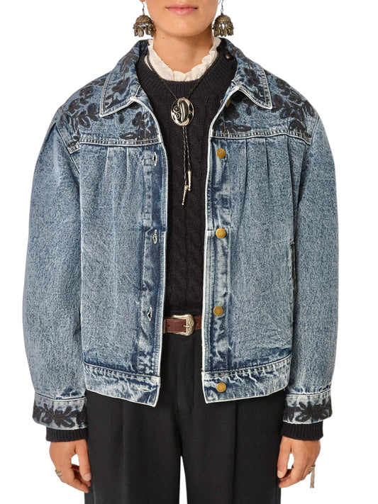 Wesley Embroidered Denim Jacket in rodeo western blue by Maison Hotel