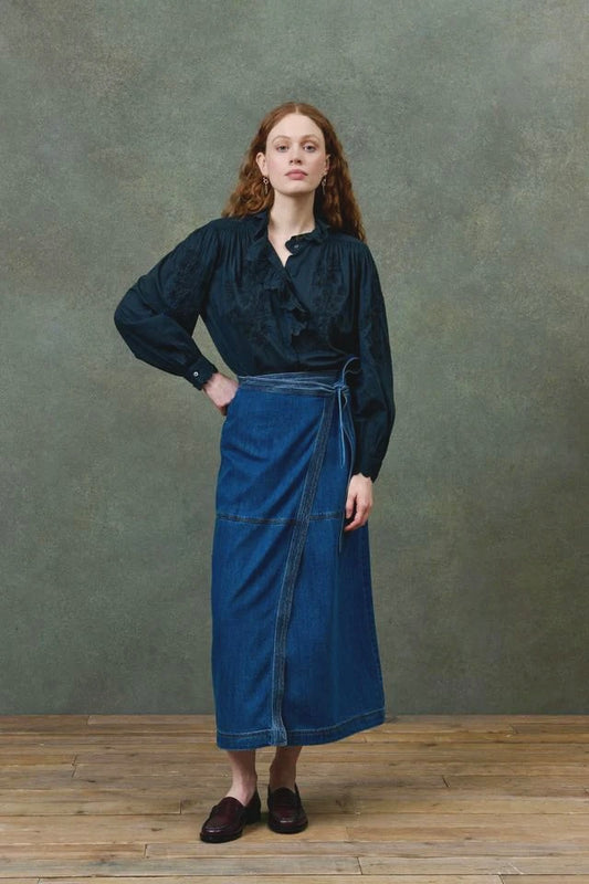 Emna Denim Wrap Skirt in stone blue by Louise Misha