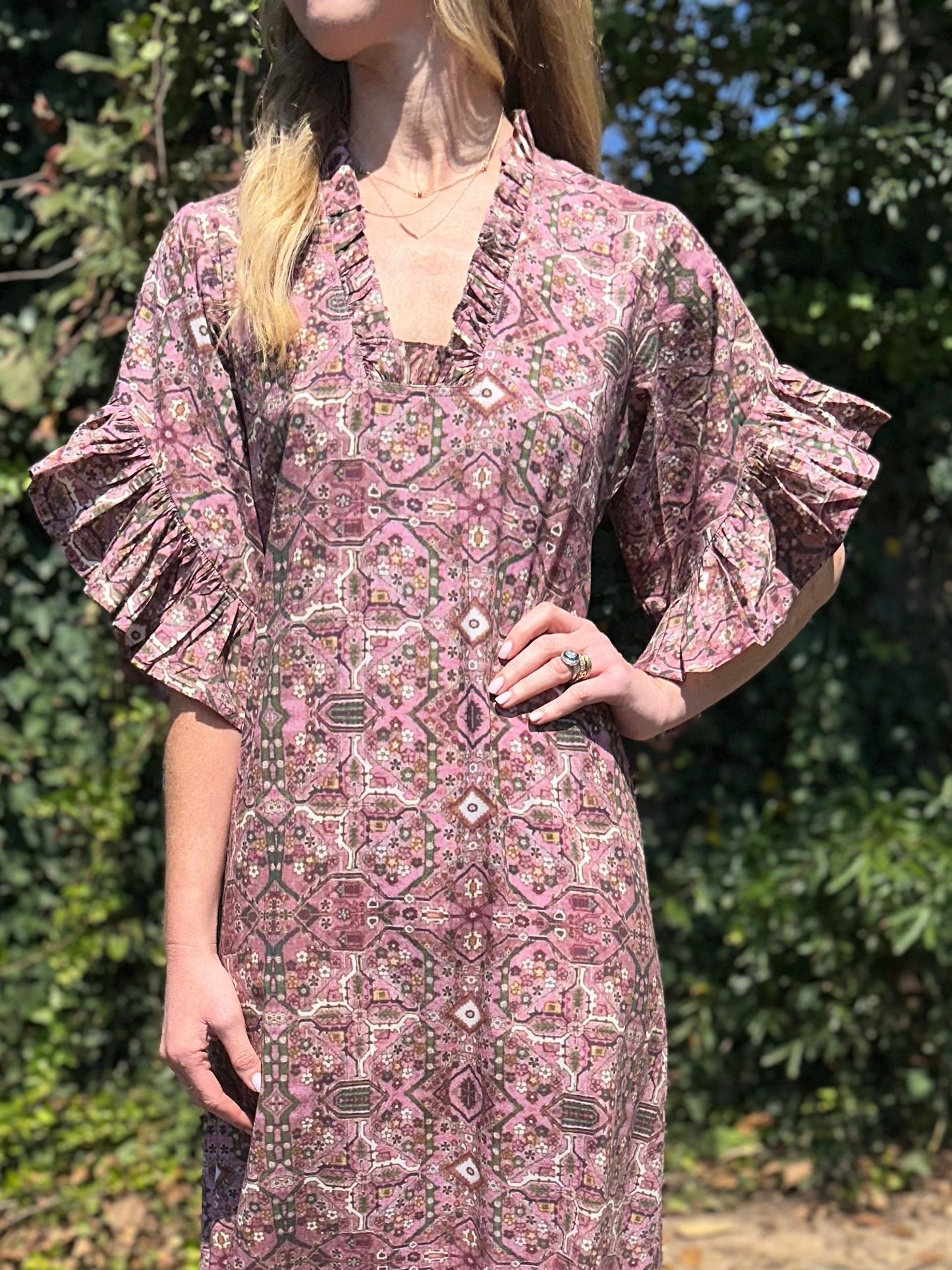 Soleil Flutter Sleeve Maxi Dress in english mauve print by Fitzroy & Willa