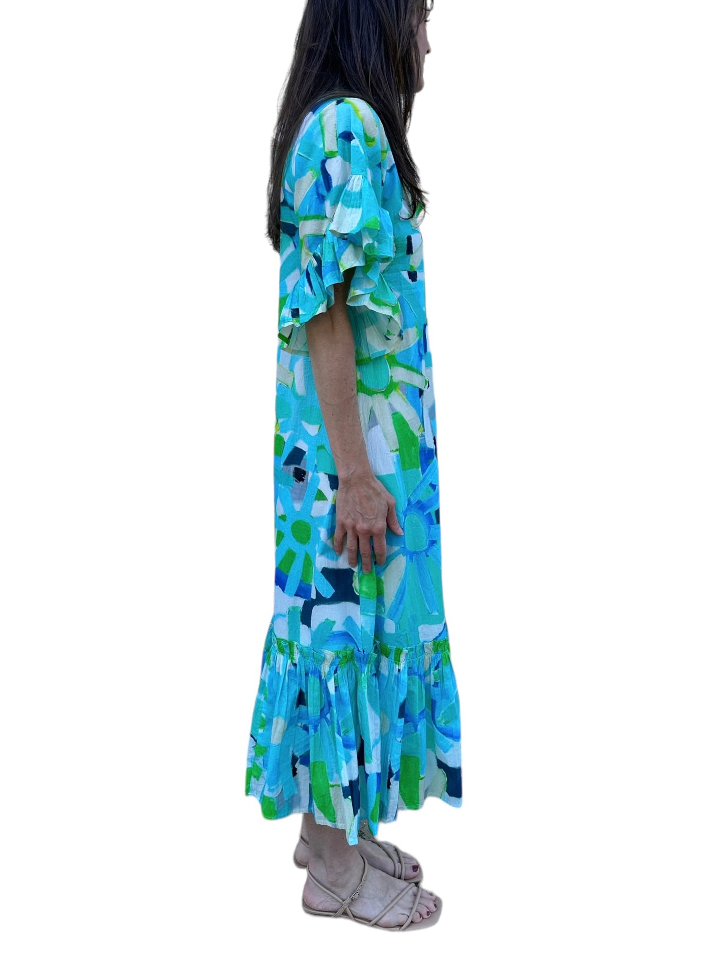 Soleil Flutter Sleeve Maxi Dress in blue floral by Fitzroy & Willa