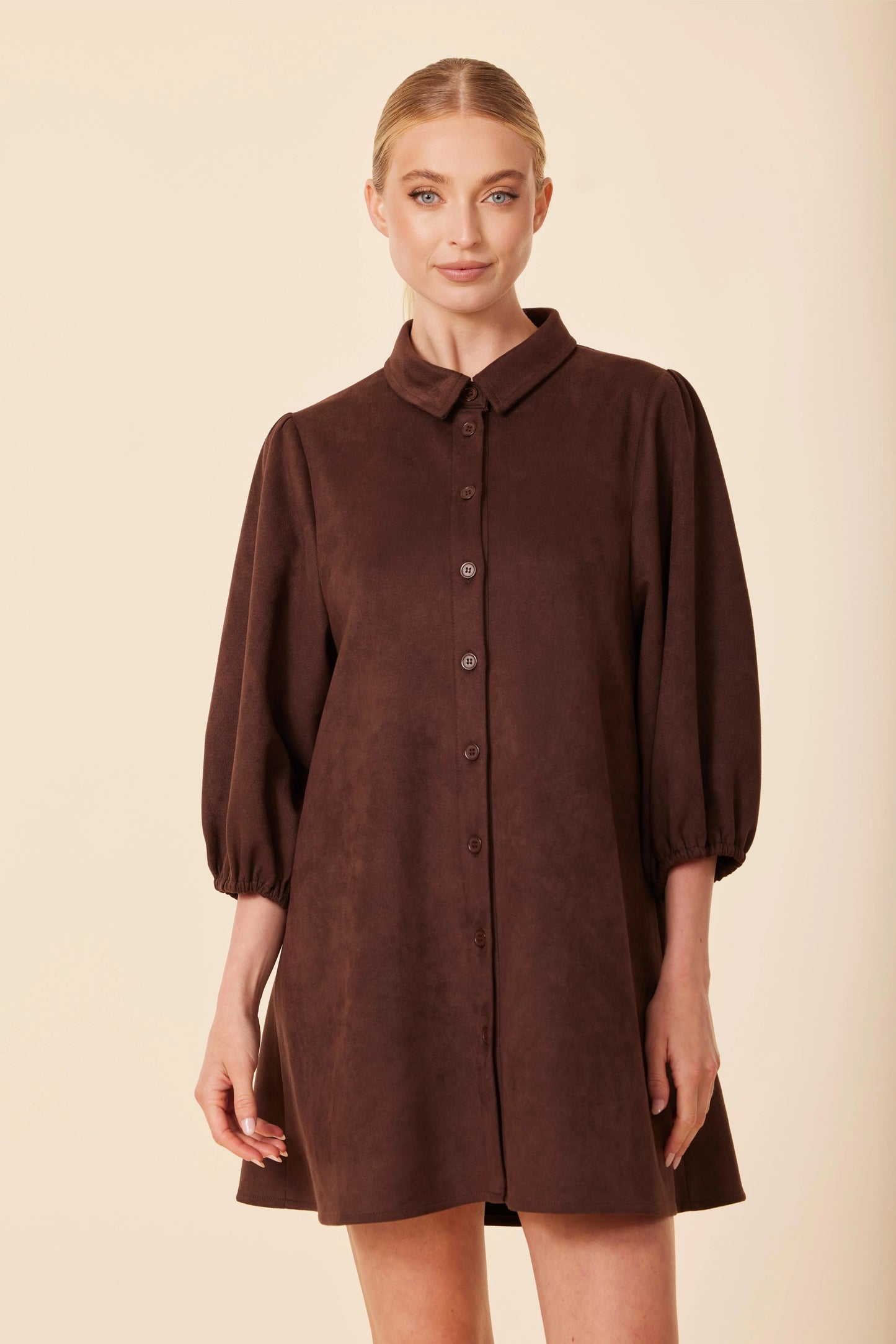 Faux Suede Exaggerated Sleeve Dress in coffee by Dolce Cabo