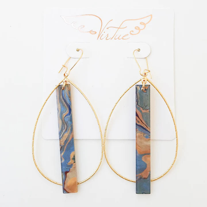 Acrylic Bar on Double Bale Hoop Earring in blue/brown marble by Virtue
