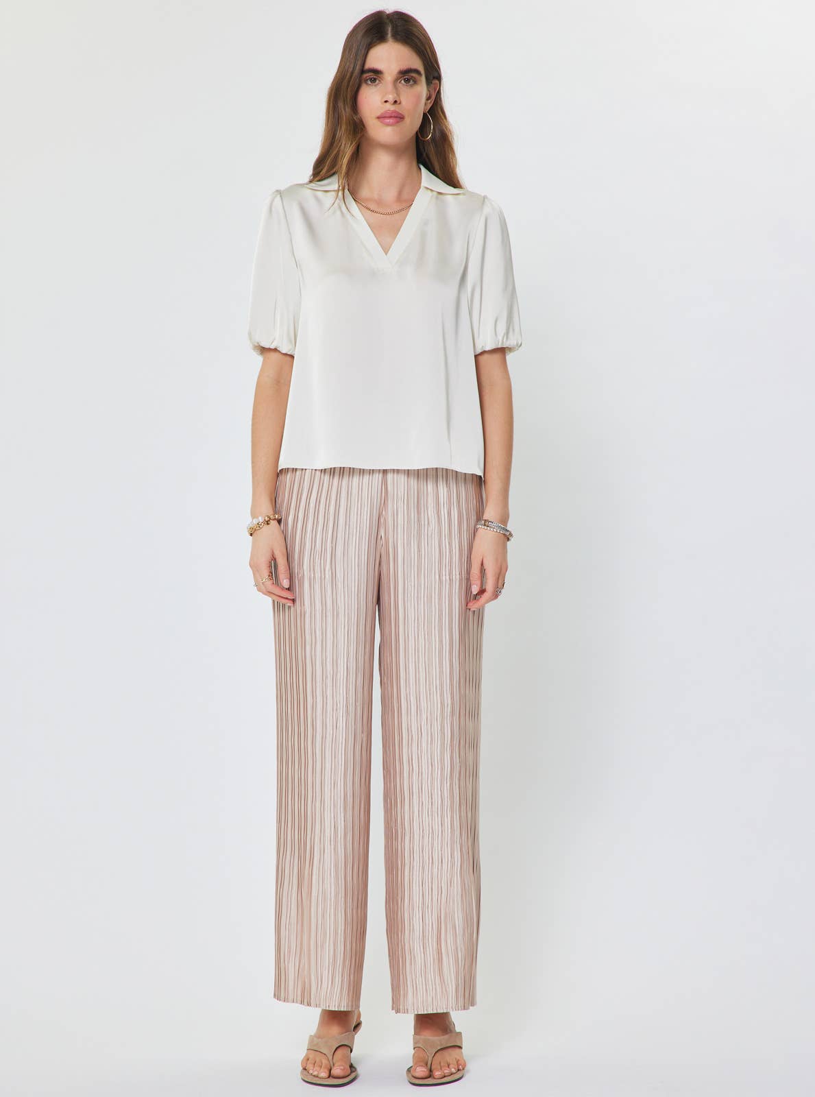 Collared V-neck Short Sleeve Blouse in ivory by Current Air