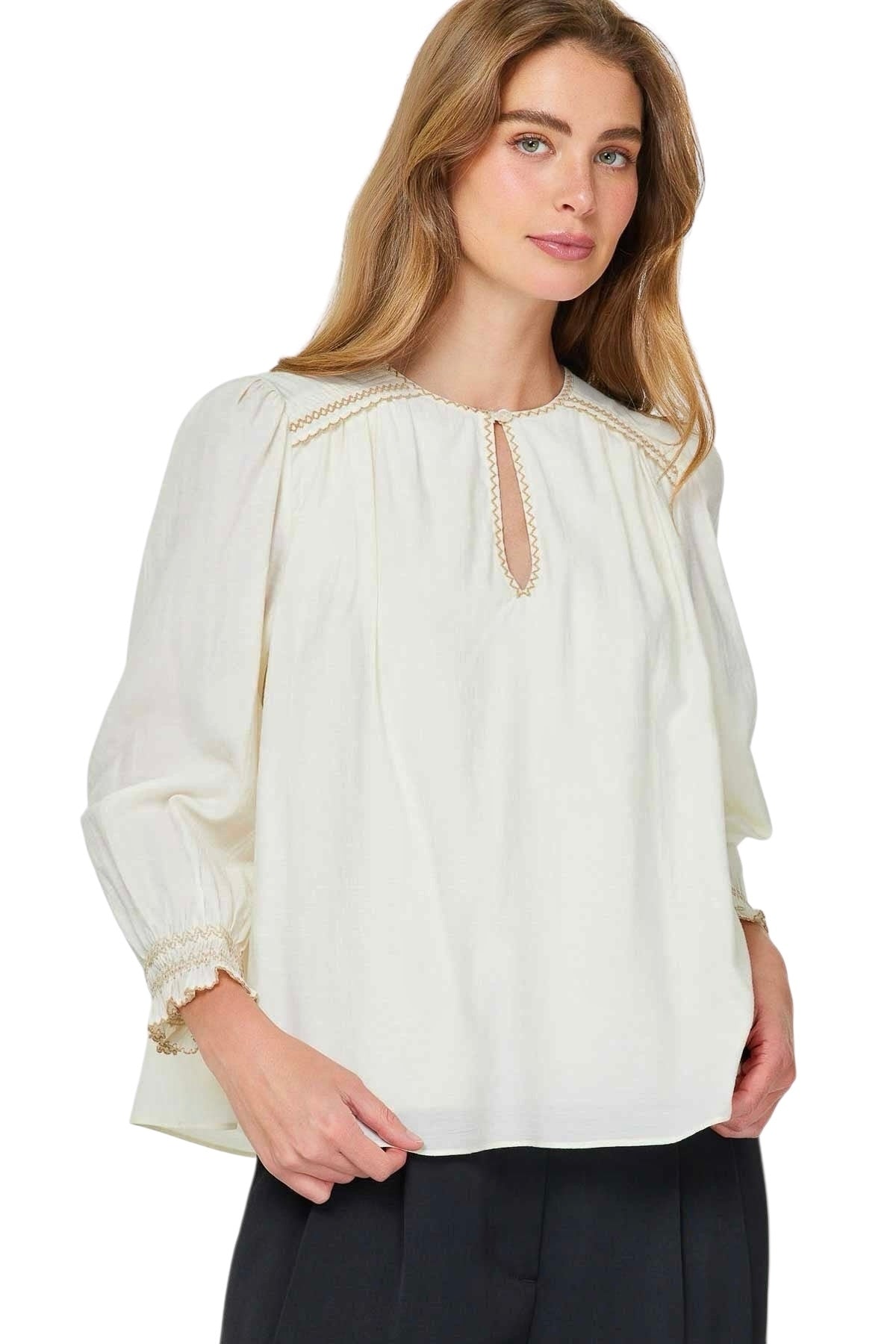 Round Neck Keyhole 3/4 Sleeve with Contrast Embroidery in natural by Current Air