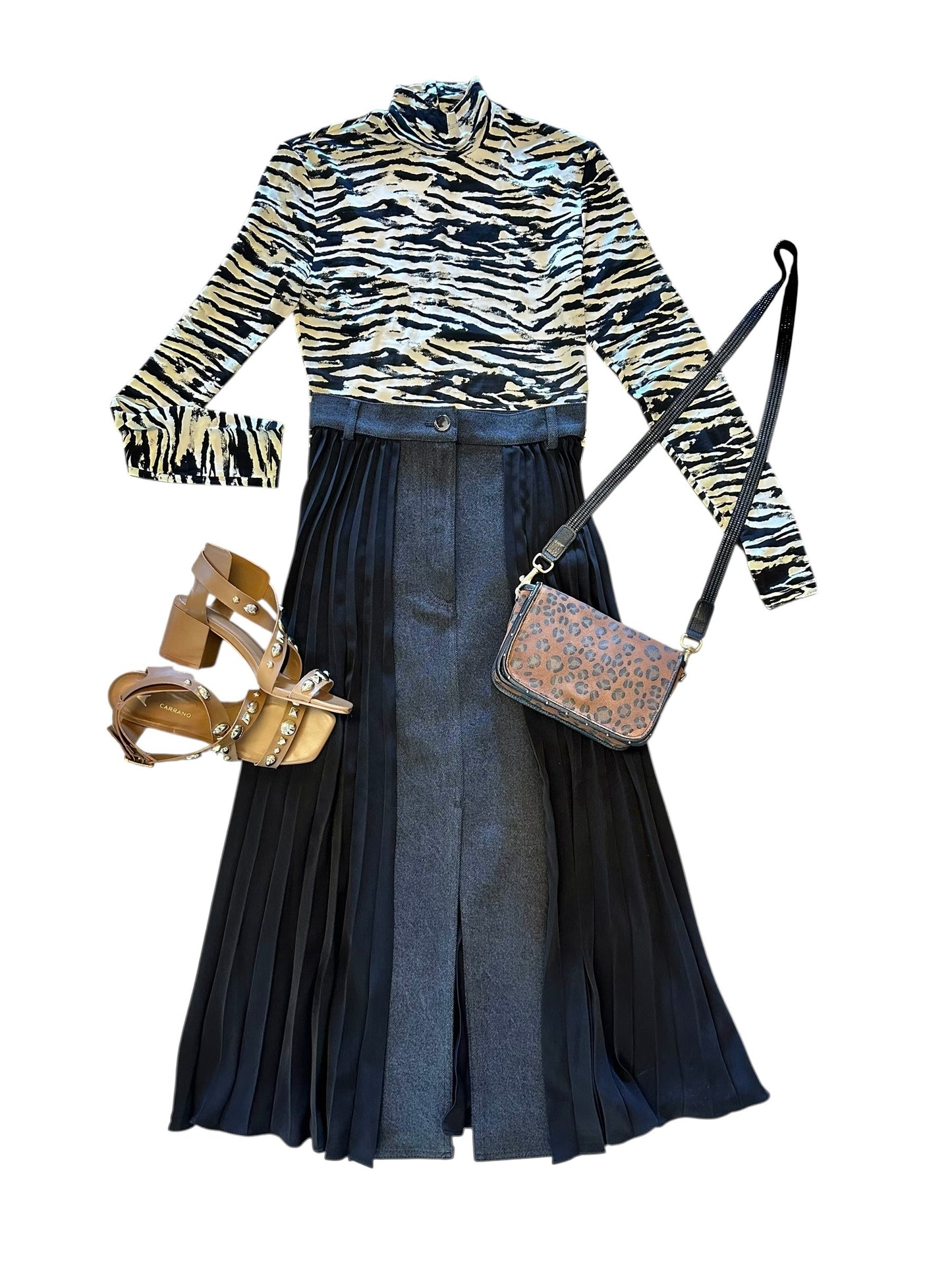 Florence Mixed Material Denim Skirt in black by Exquise