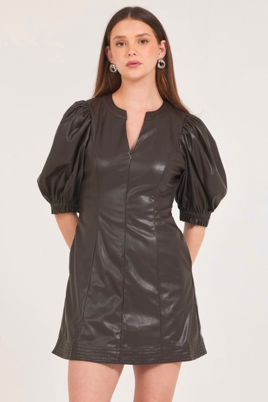 Vegan Leather Split Neck Puff Sleeve Dress in chocolate by Stellah