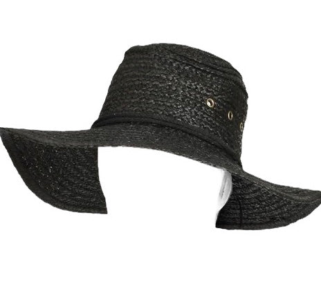 Chin Strap Straw Sun Hat in black