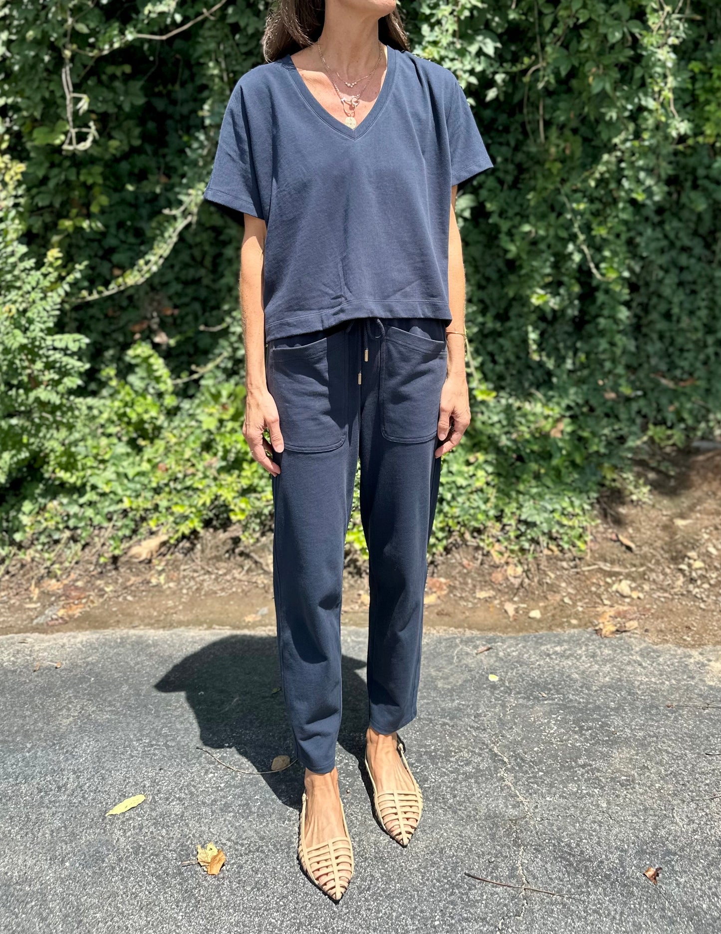 Short Sleeve V-Neck Dolman Tee in navy by Lilla P