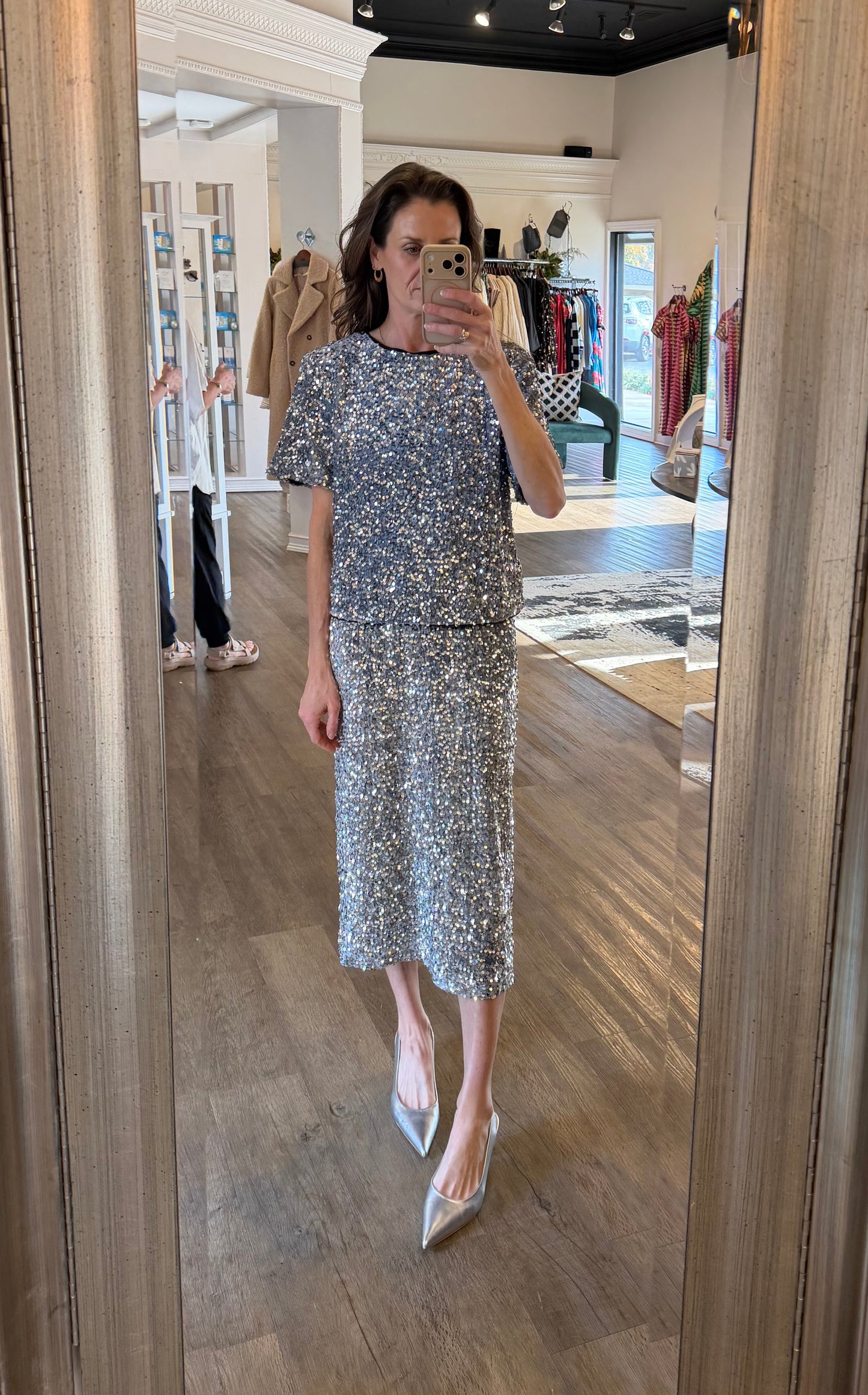 Sequin Short Sleeve Top in silver by Esqualo