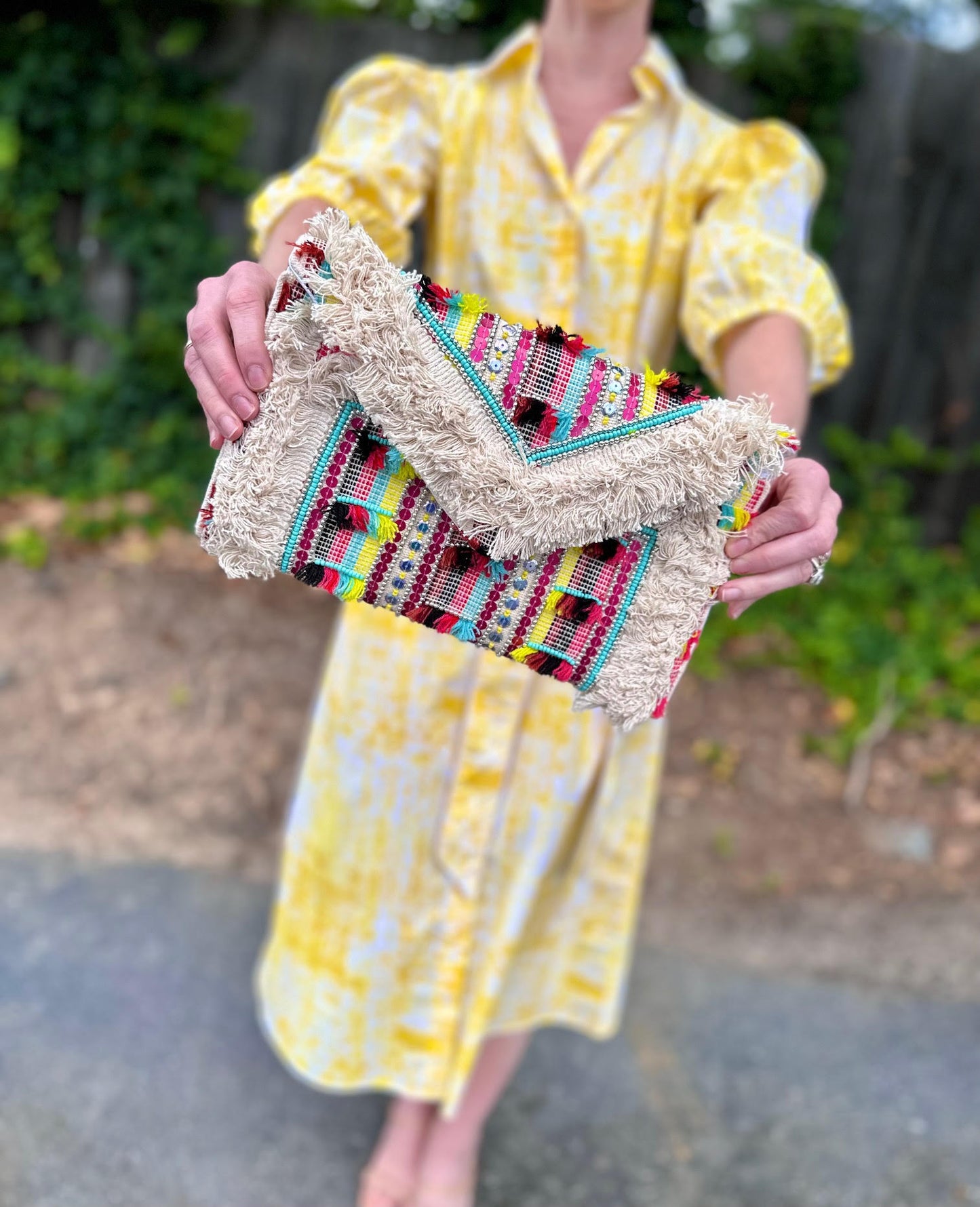 Multi Fringe Color Block Clutch in ivory/multi