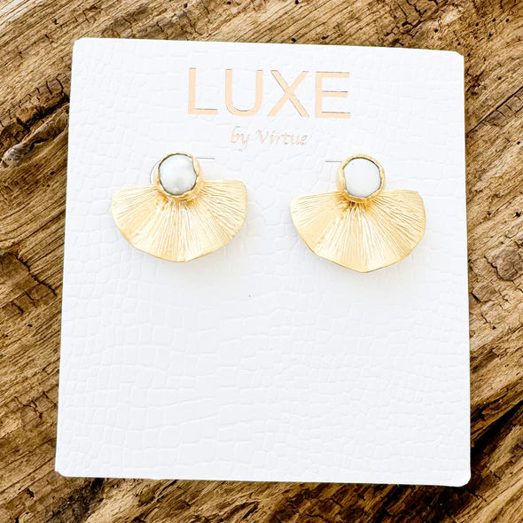 The Liz Pearl Stud with Fan Earring in gold by Virtue