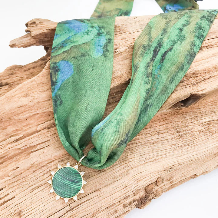 Gemstone Sun Pendant on Scarf Necklace in mountainscape/green by Virtue