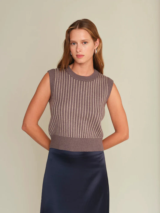 Bruce Stripe Vest in grey melange/ecru by Deluc