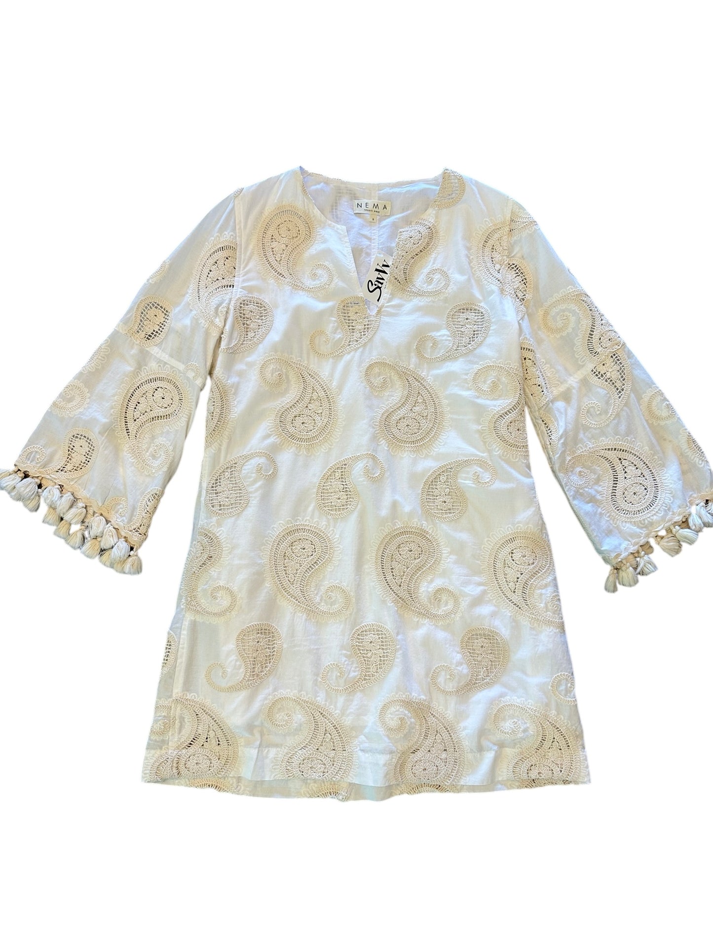 Neutral Embroidered Shift Dress in white by Nema