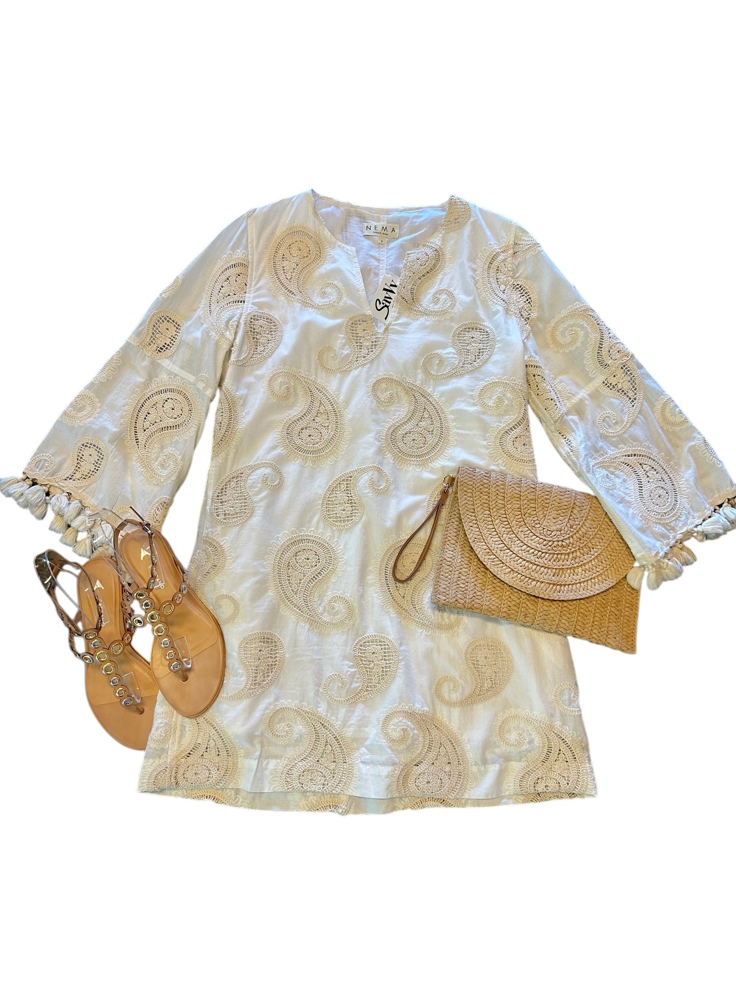 Neutral Embroidered Shift Dress in white by Nema