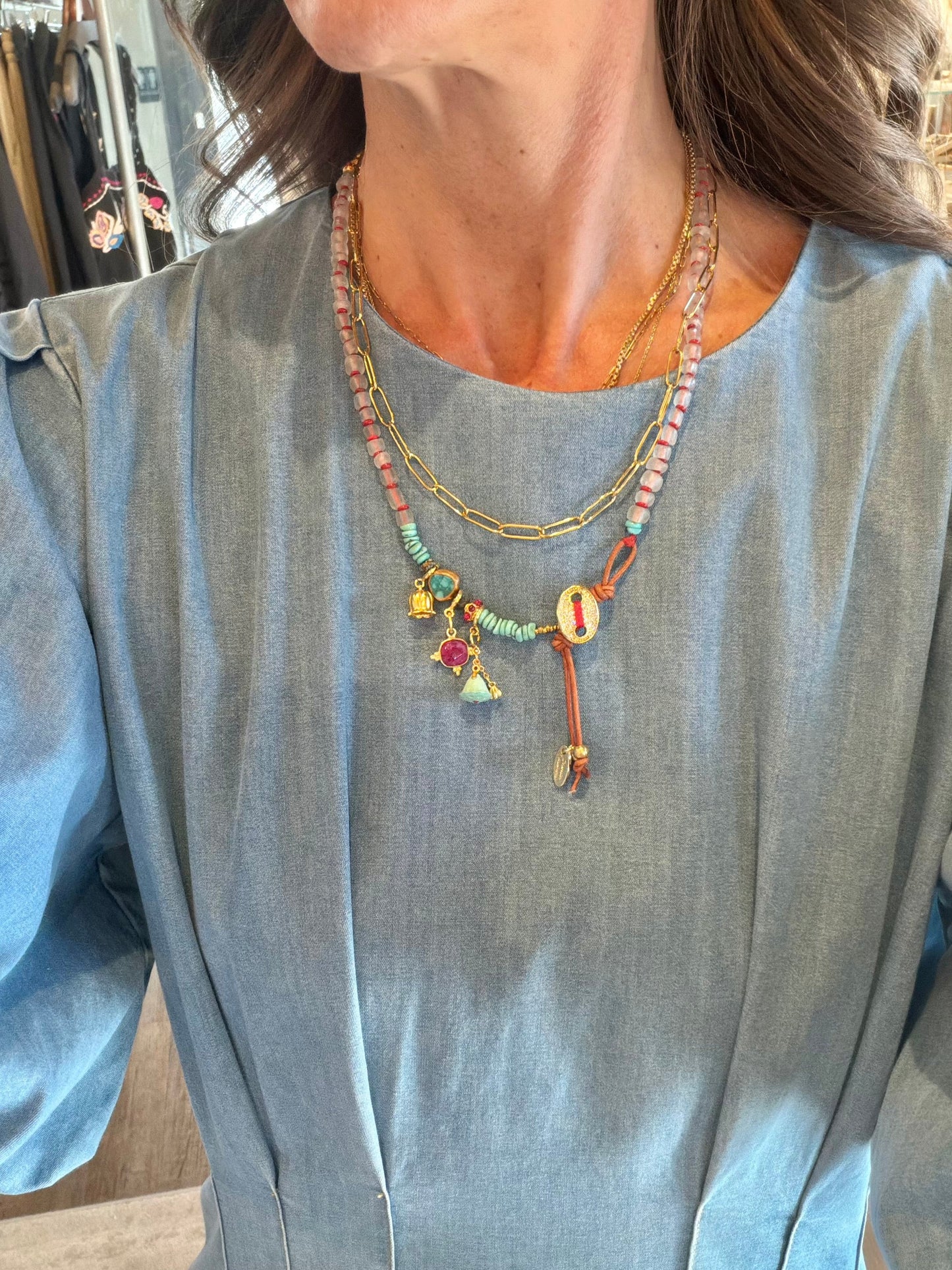 Glass Beaded Charm Necklace with Leather in blush rose by Meredith Waterstraat