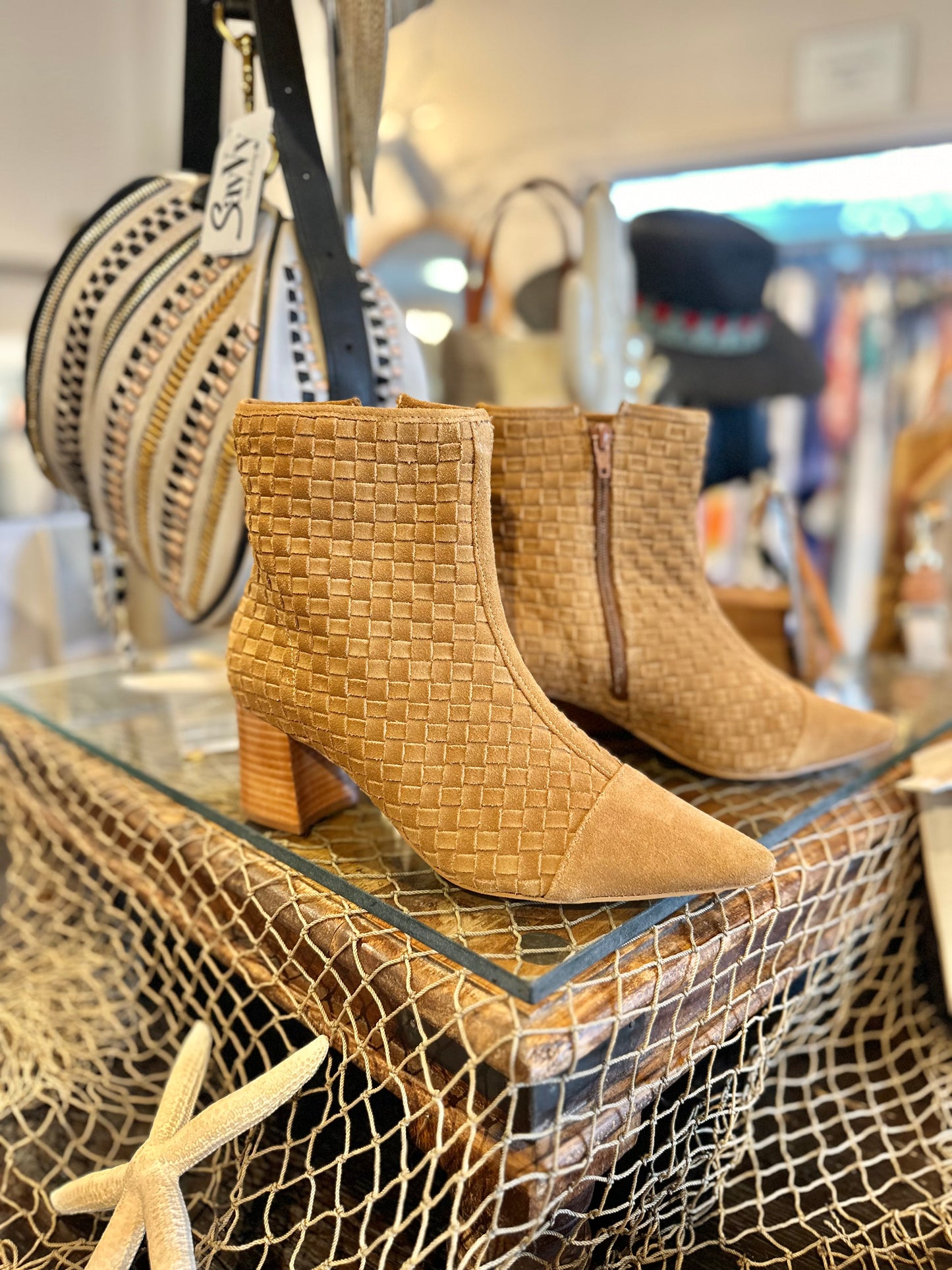 Henrietta Woven Suede Bootie in caramel by Bruno Menegatti