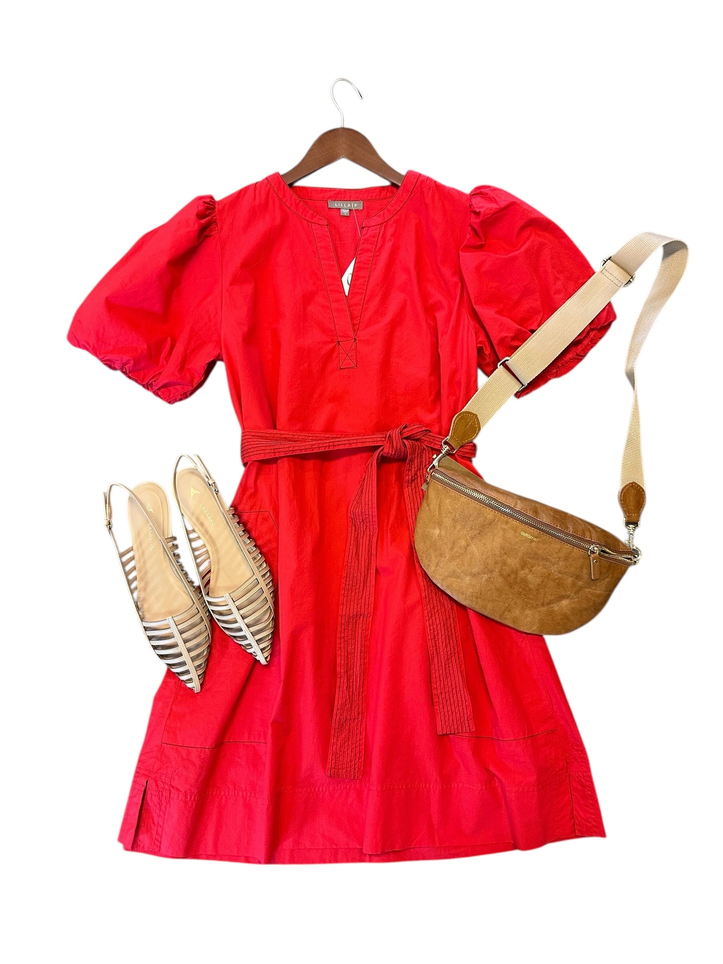 Shirred Sleeve Split Neck Dress in scarlet by Lilla P