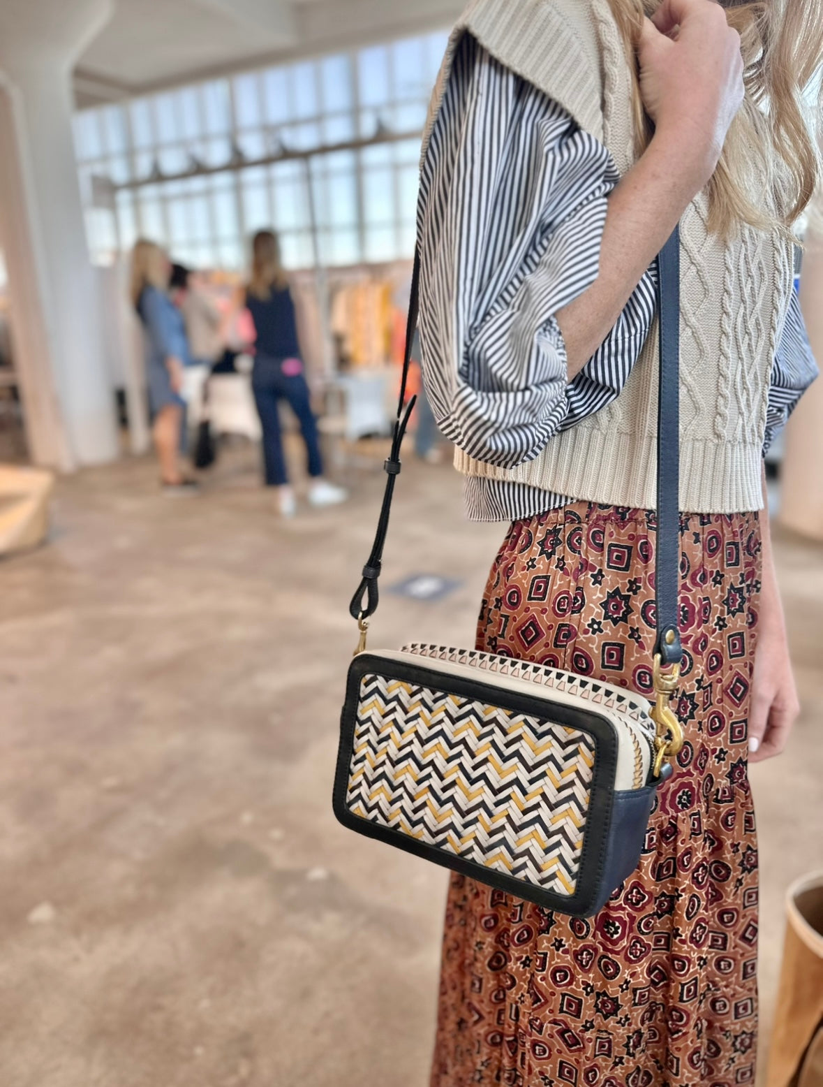 Amberleigh Woven Zigzag Crossbody in yellow/black/chalk by Kempton