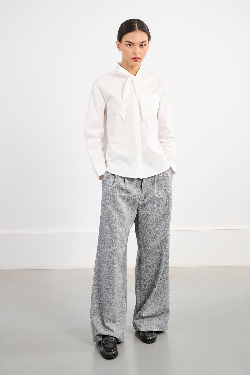 Long Sleeve Button Up Blouse with Bow Detail in white by Molly Bracken
